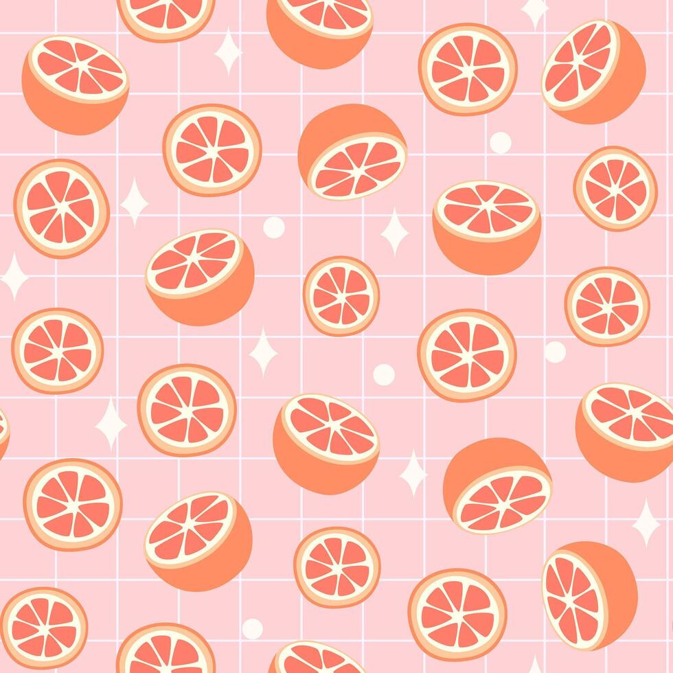 A bright seamless pattern in pink tones with grapefruit slices from different angles with stars and a checkered grid on the background. Suitable for kitchen textiles, packaging, summer accessories vector