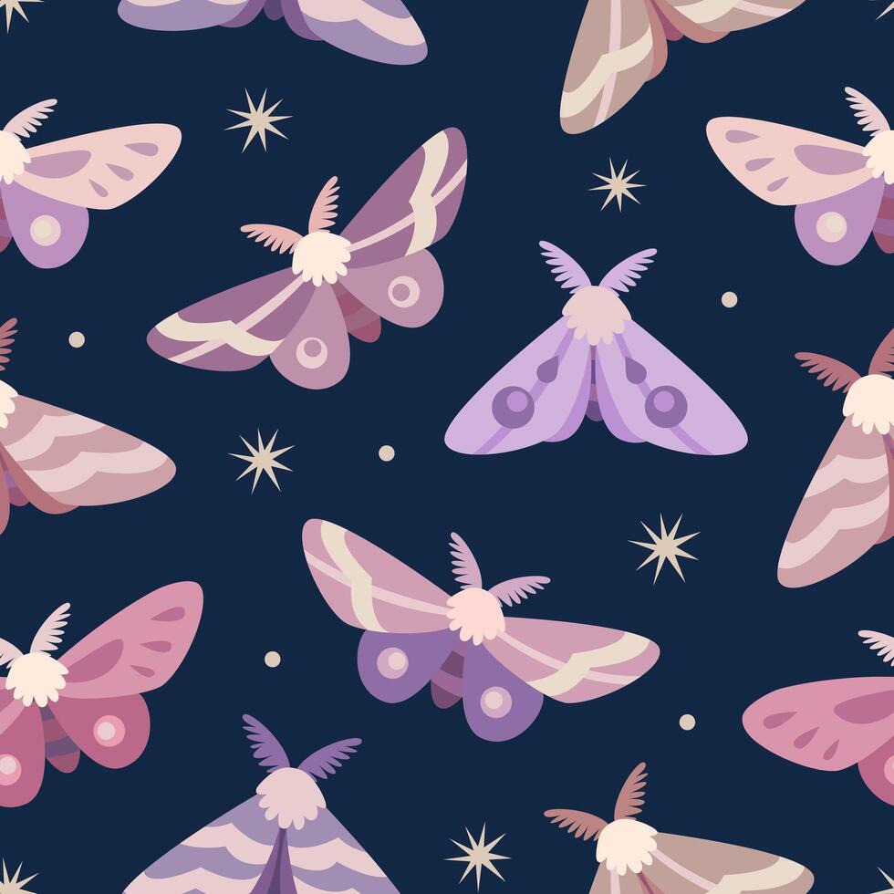 Delicate seamless pattern with cute fairy butterflies on a dark background with stars. Suitable for fabric, textile, wrapper, packaging, background, cover vector
