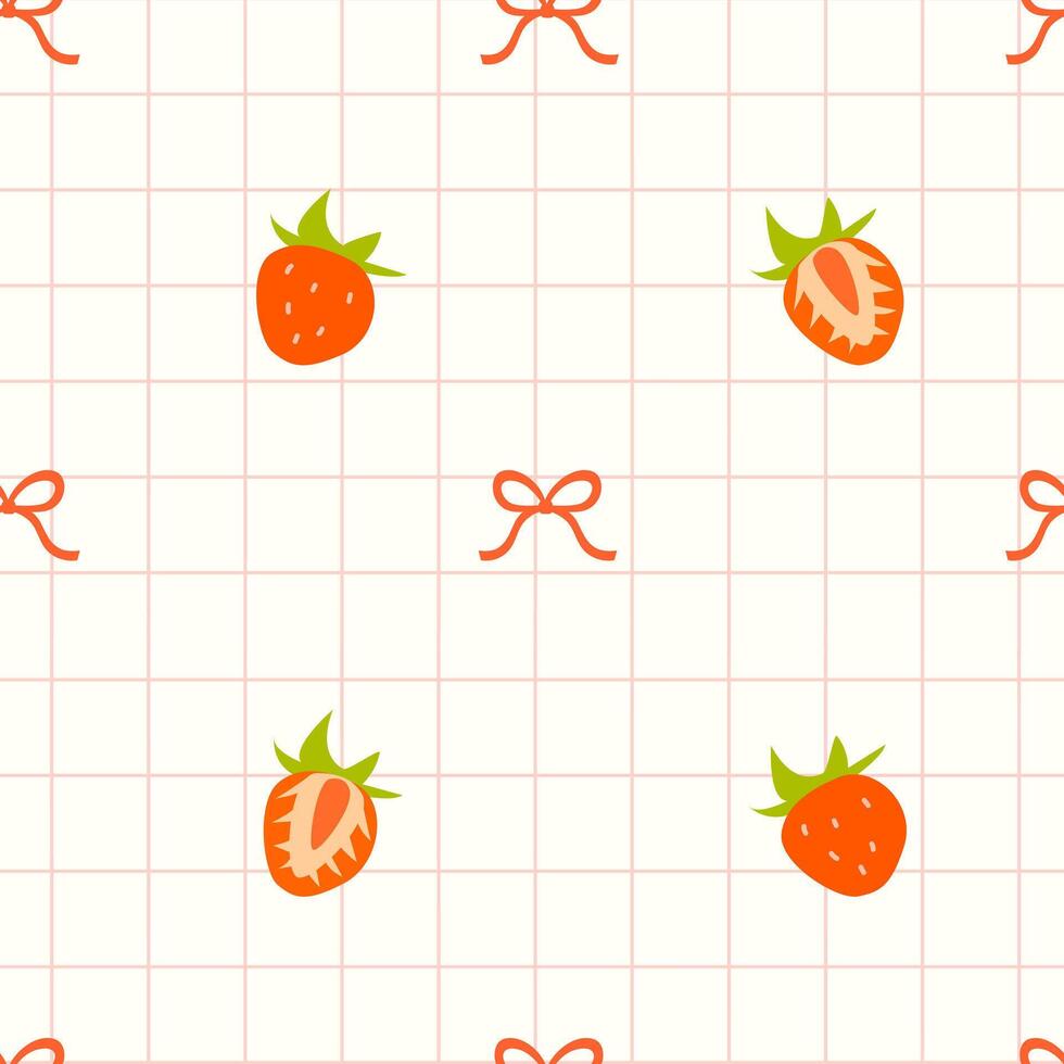 A cute seamless pattern with strawberries and bows on a light background with a pink mesh. Suitable for wrapping, textiles, packaging, backgrounds vector