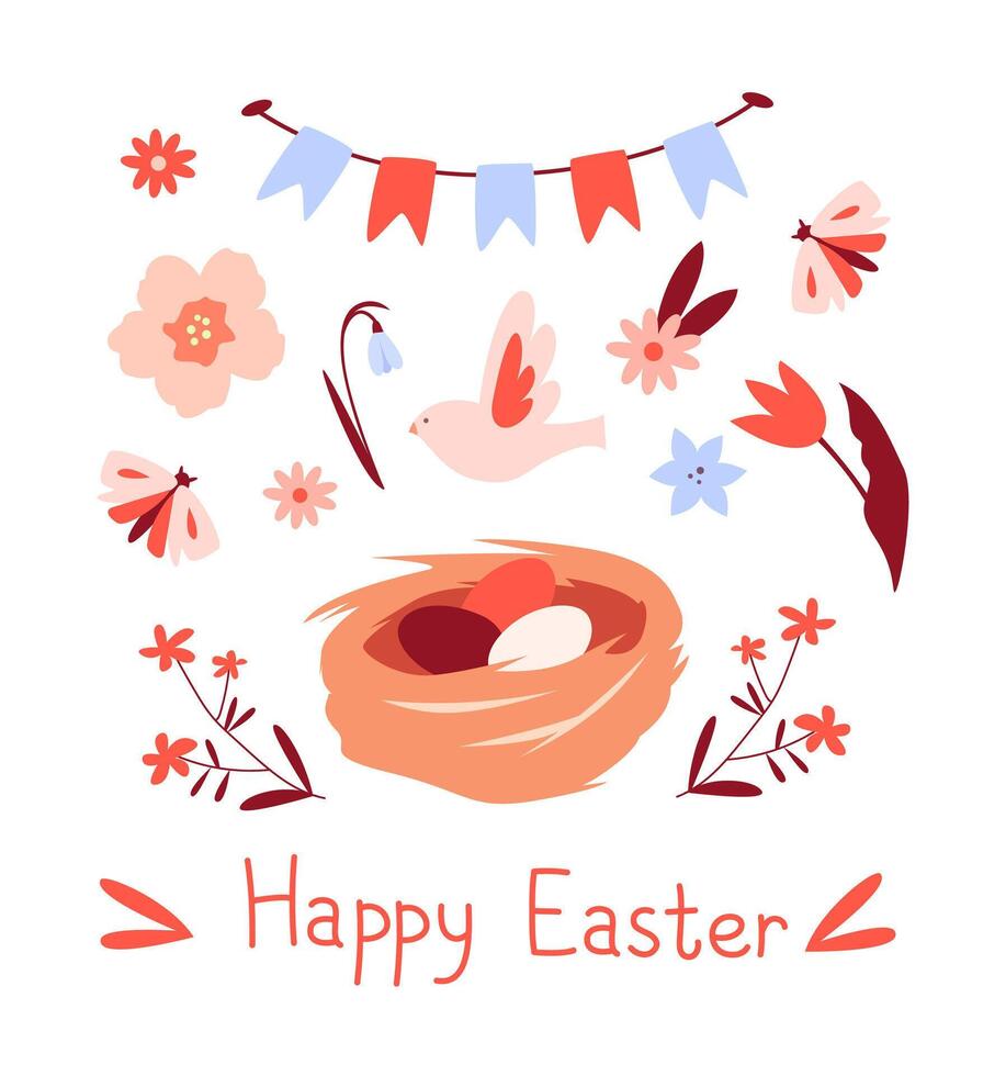 Greeting card, banner for Easter. Nest with eggs, flowers, birds, flags. vector