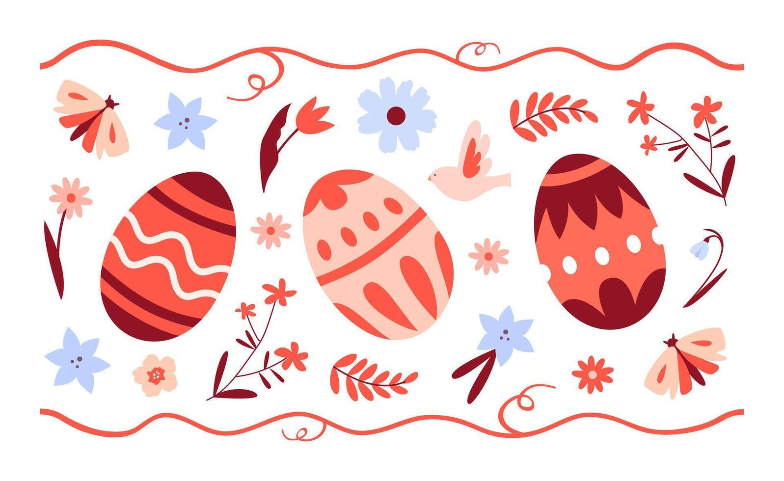 Set of Easter painted eggs with folk ornament and floral elements with red accent. Seamless horizontal pattern vector