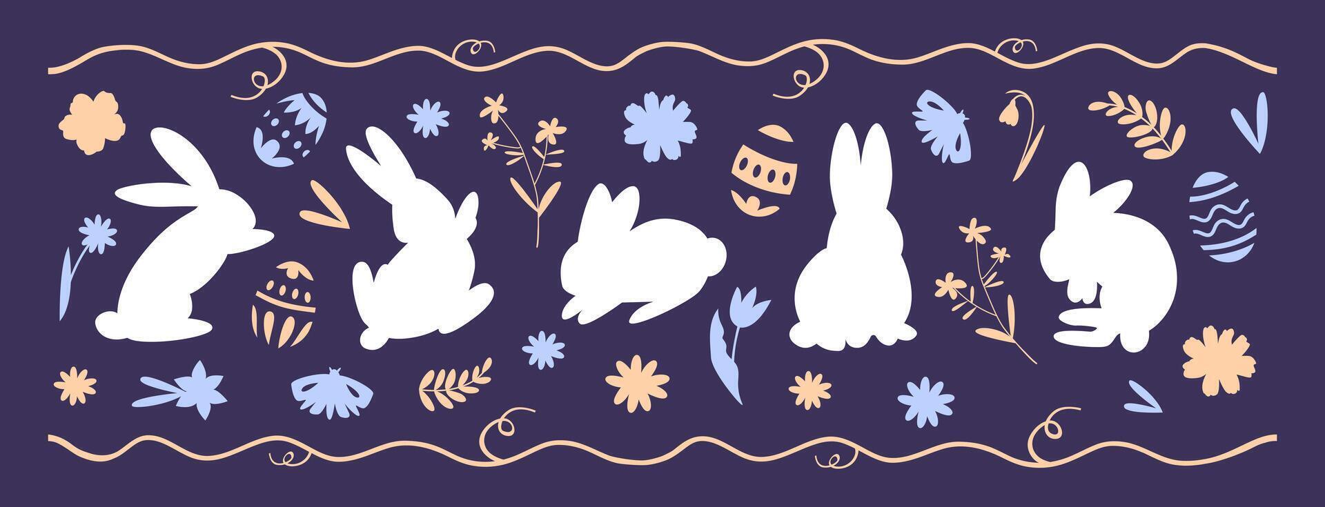 A set of silhouettes of rabbits in different poses with floral elements and Easter eggs with ornaments. Seamless horizontal pattern with gold color vector