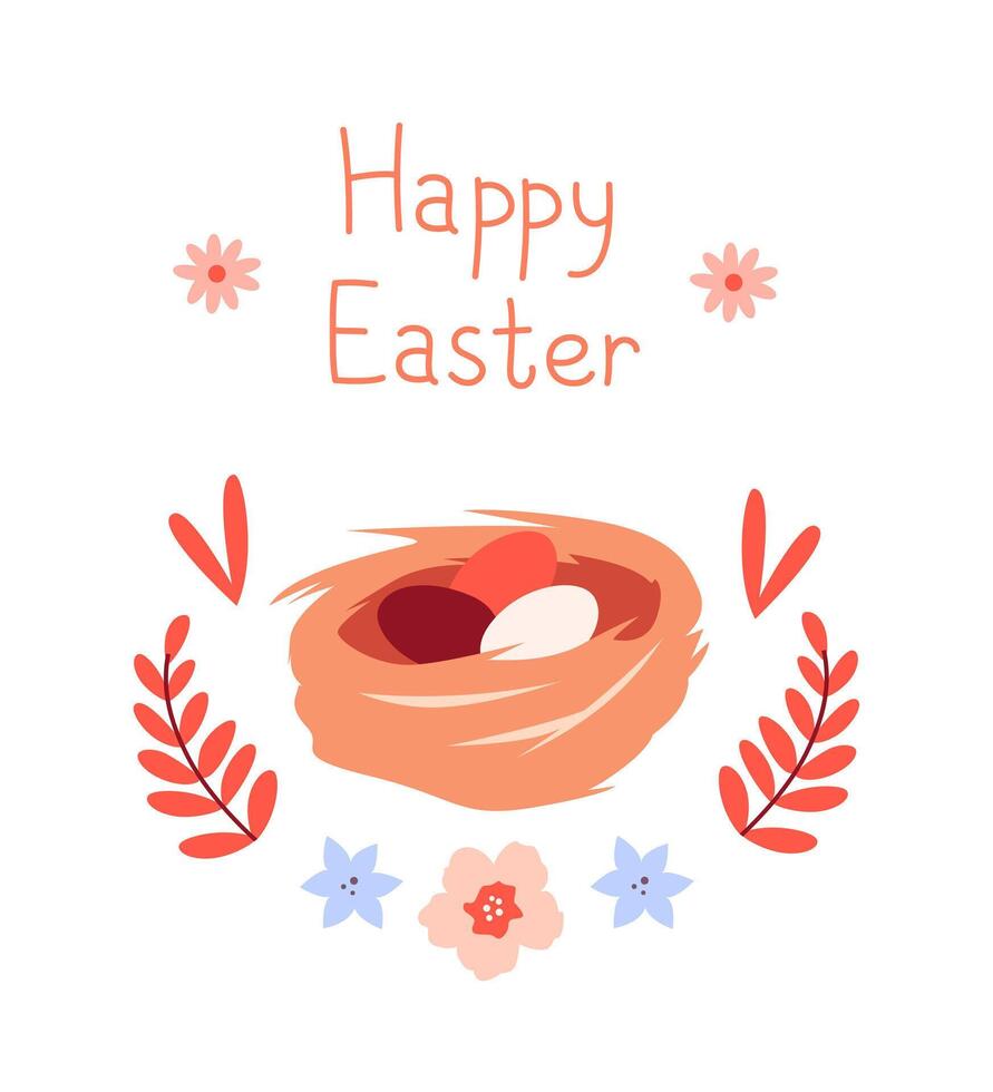 Greeting card, banner for Easter. Nest with painted eggs, plant elements vector