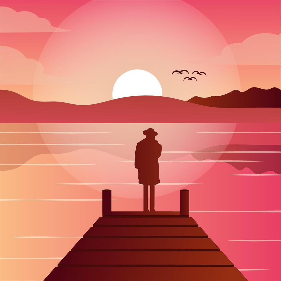 A man standing on a dock at sunset vector