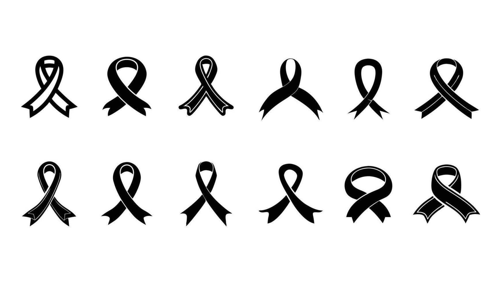 A set features silhouette illustrations of black, and white awareness ribbon symbols vector