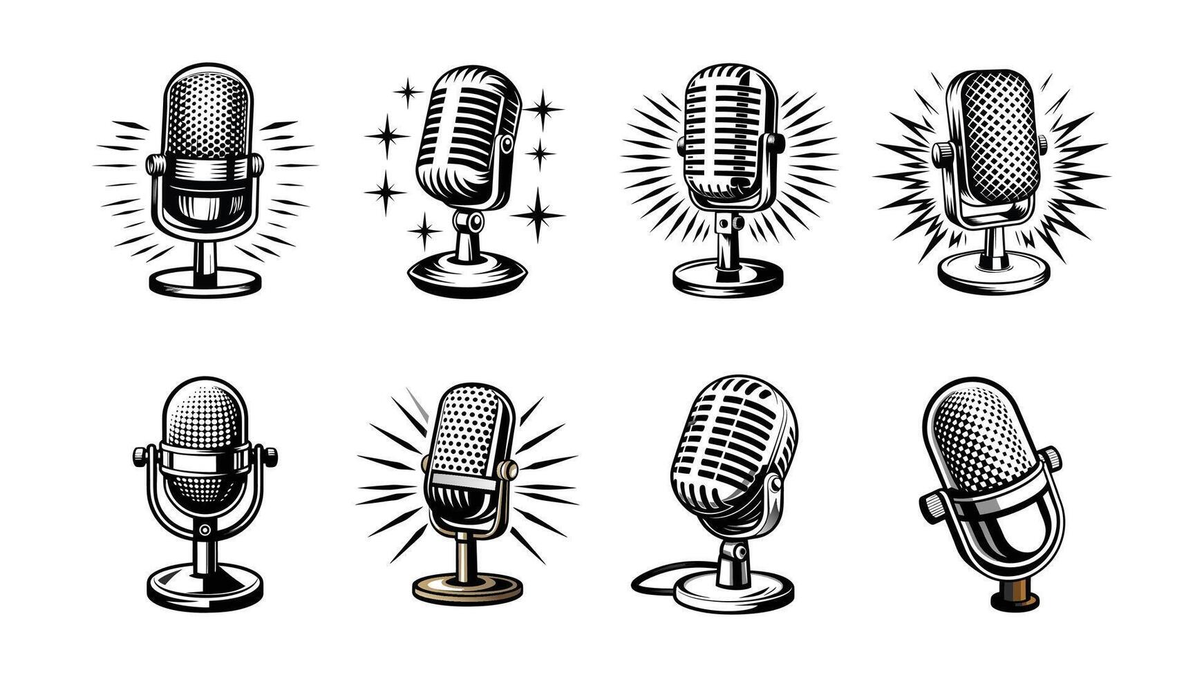Retro microphone icons, isolated for music and broadcast, set of microphone icons, retro microphone illustration vector