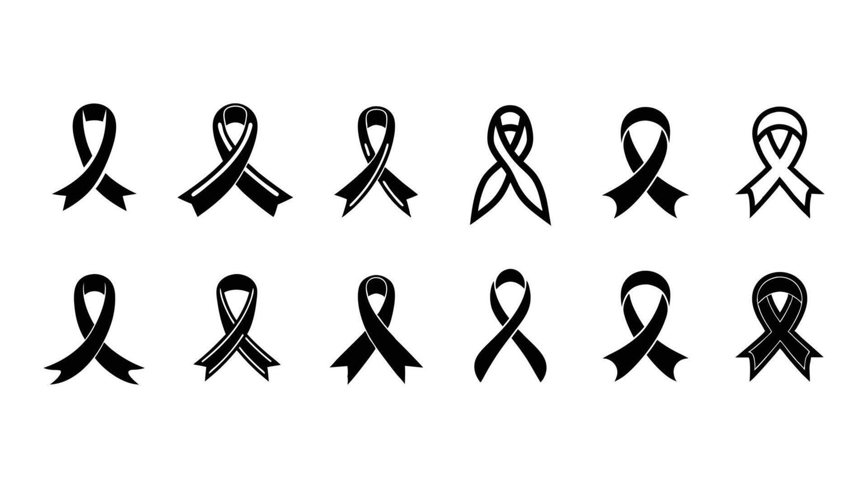 A set features silhouette illustrations of black, and white awareness ribbon symbols, Black awareness ribbon silhouette symbol vector
