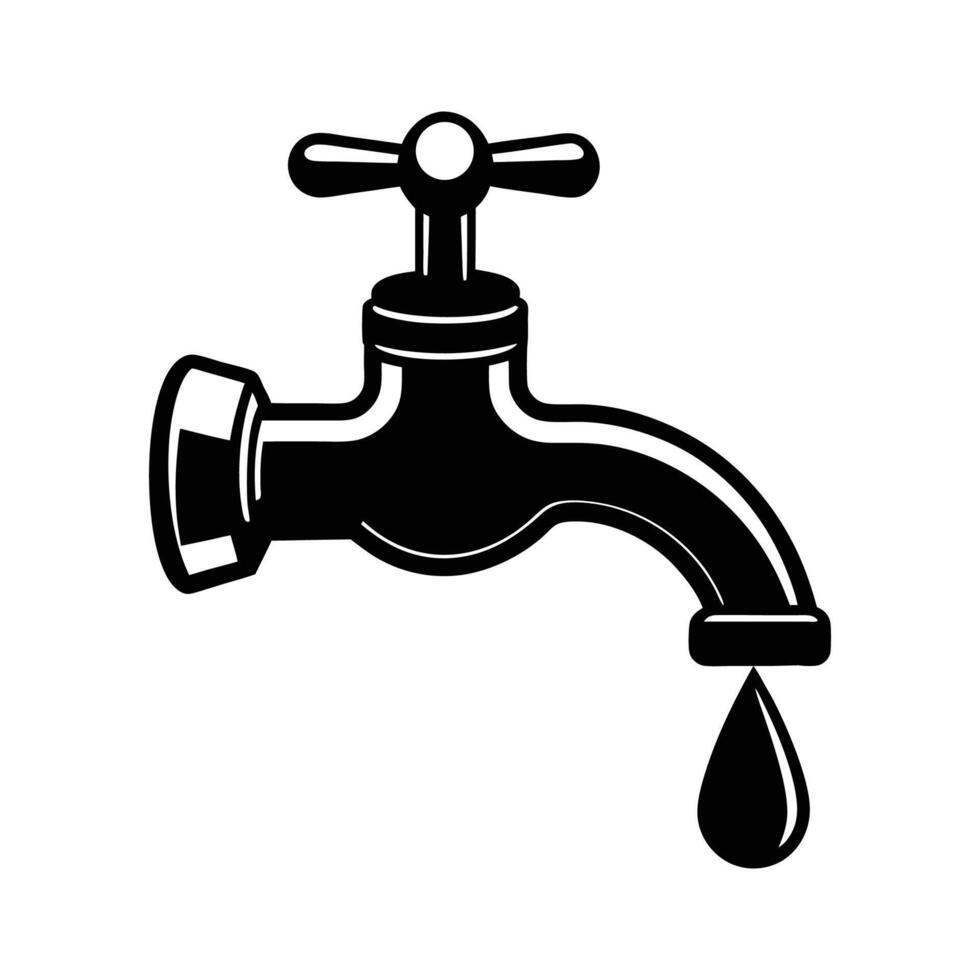 Shiny chrome faucet with a clear water drop isolated on white, faucet with water drop, isolated plumbing icon vector
