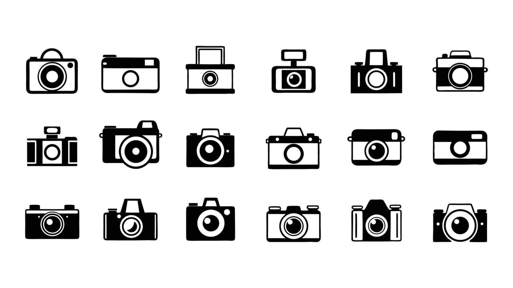 A set features a collection of vintage photo camera icons, illustrating retro photography equipment design, retro camera icons set vector