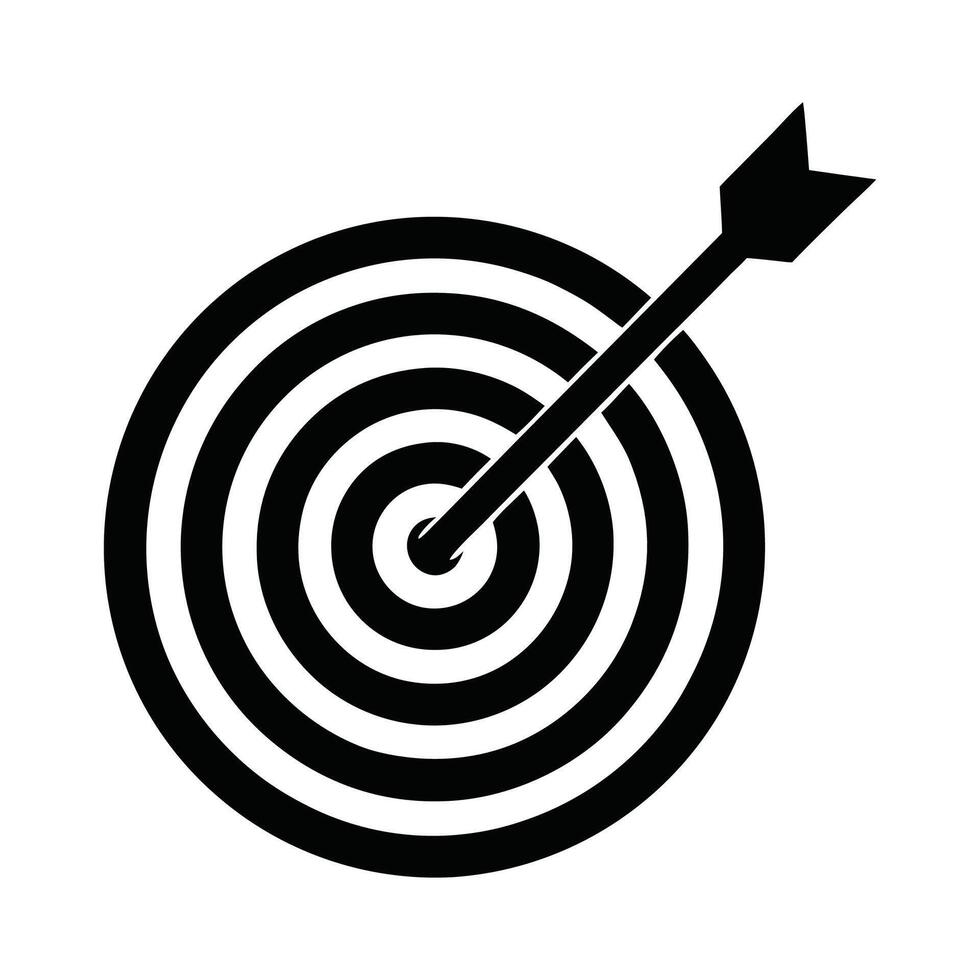 Black dart arrow hitting the bullseye signifies business success and aiming for the center goal in a competitive marketing game, dart hitting target vector