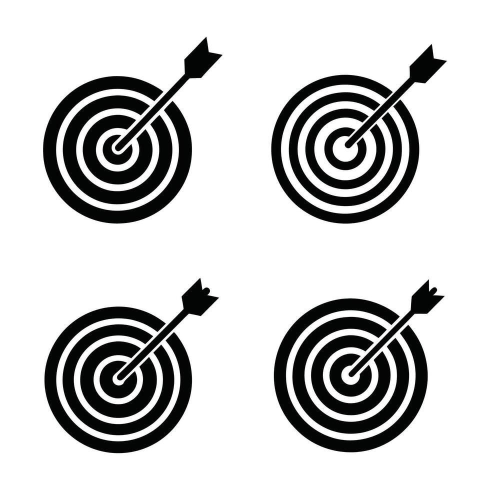set of black dart arrow hitting the bullseye signifies business success and aiming for the center goal in a competitive marketing game, set of dart hitting target vector