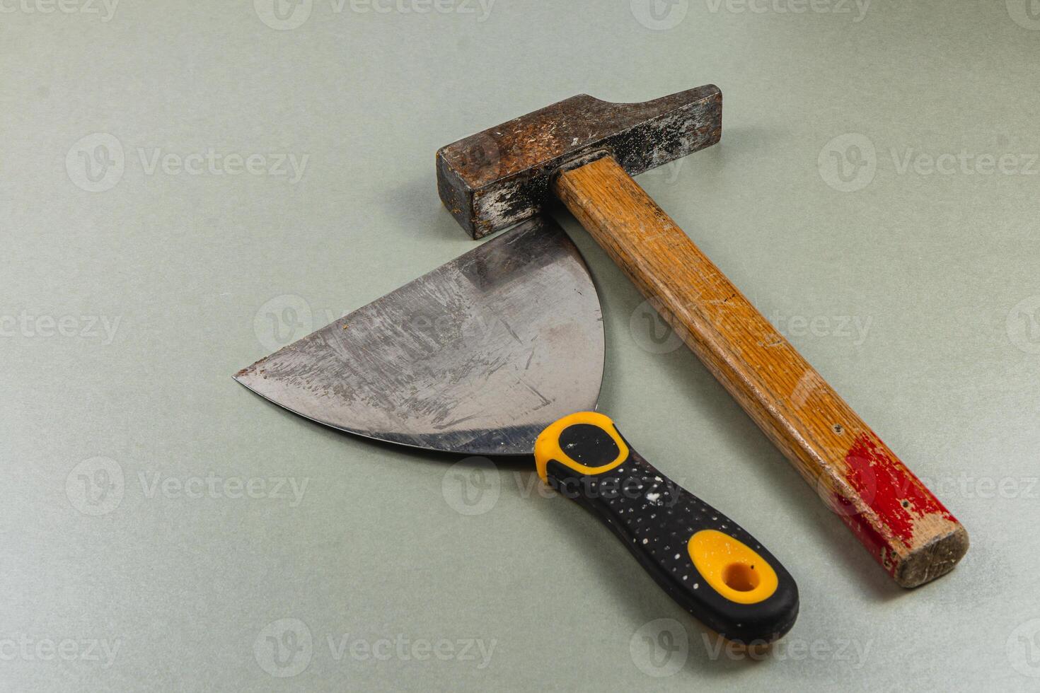 Tools used for woodworking on a work surface photo