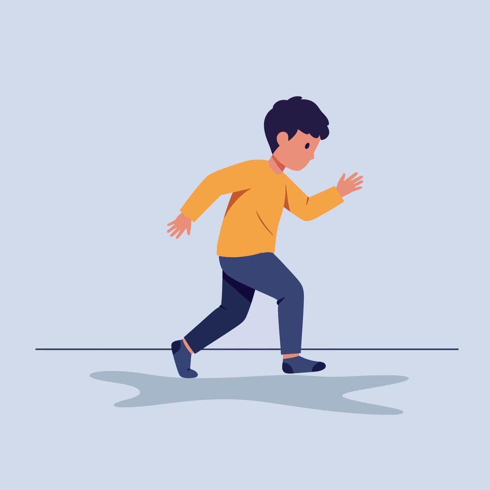 Young boy in orange sweater running forward with determined expression flat minimal style illustration vector
