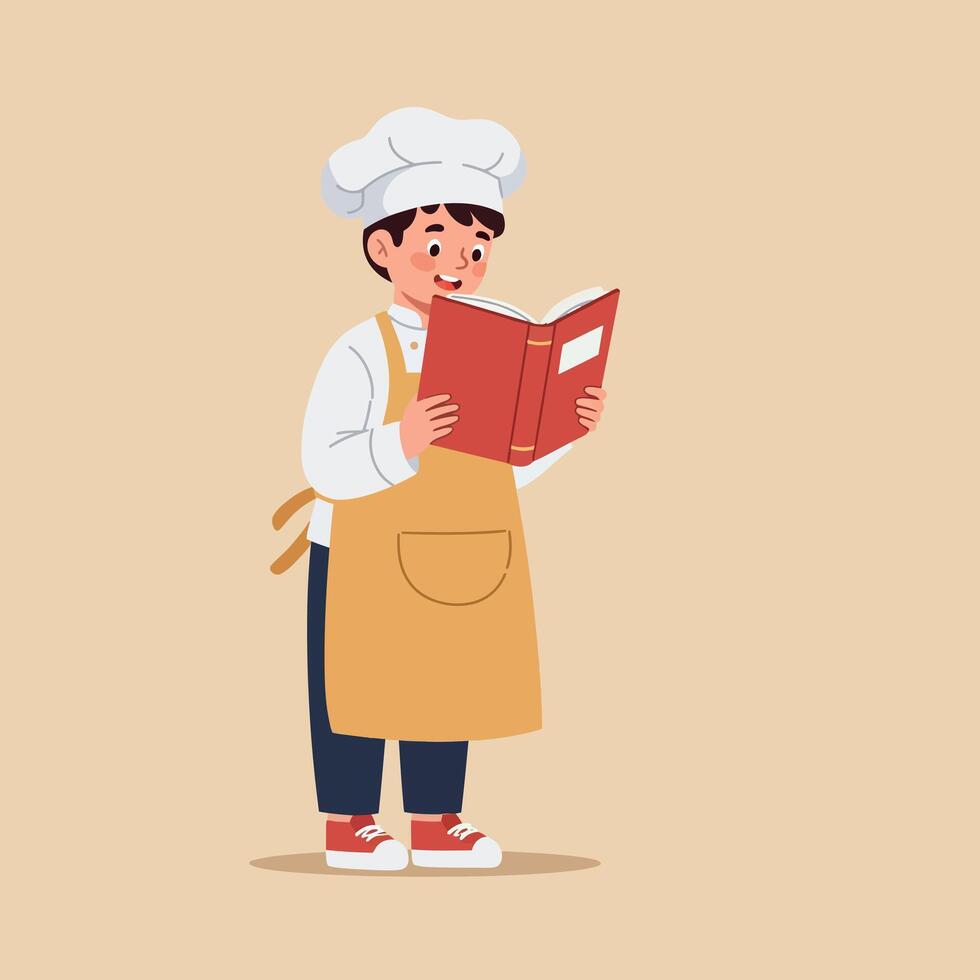 Young chef in white hat and yellow apron reading recipe book in flat minimal style kitchen scene illustration vector