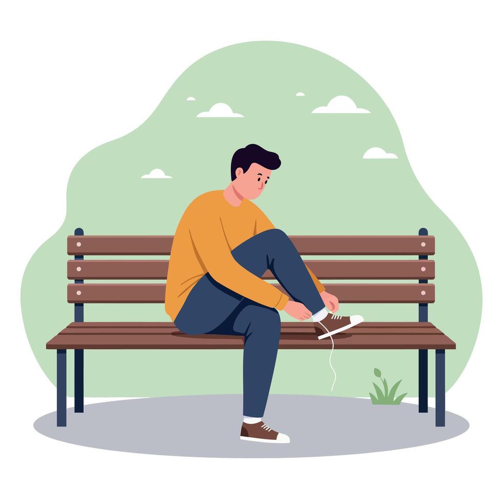 Young man tying shoelaces while sitting on wooden bench in casual clothing flat style illustration vector