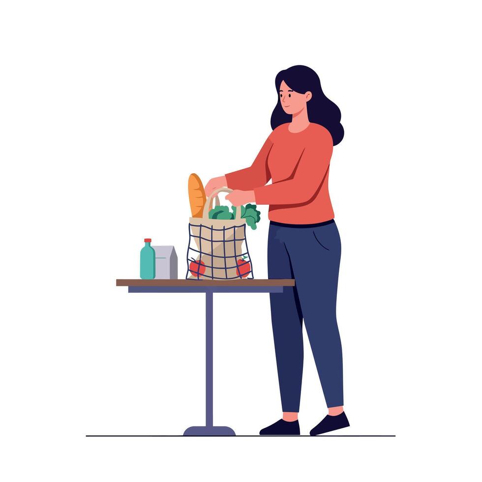 Woman unpacking groceries in casual clothes with reusable bag on table flat style illustration vector