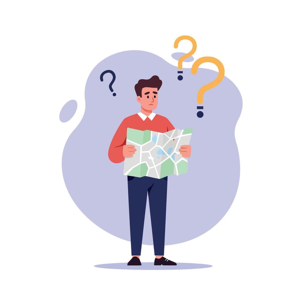 Young man holding map with question marks around head confused about directions flat style illustration vector