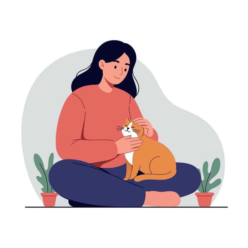 Woman sitting cross-legged petting an orange cat in a flat minimal style illustration vector
