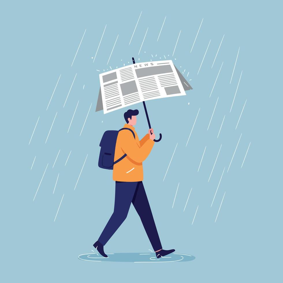 Young man walking in rain holding newspaper umbrella with backpack in flat minimal illustration vector