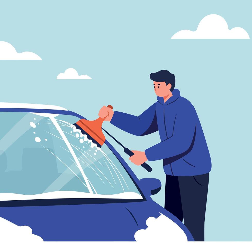 Man cleaning car windshield with squeegee in casual clothing outdoors flat style illustration vector