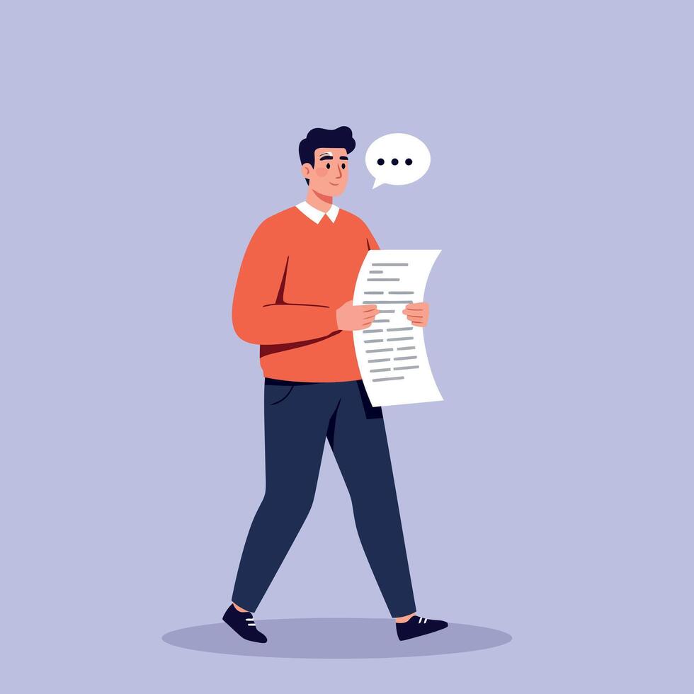 Young man reading document while walking in casual outfit minimal flat style illustration vector