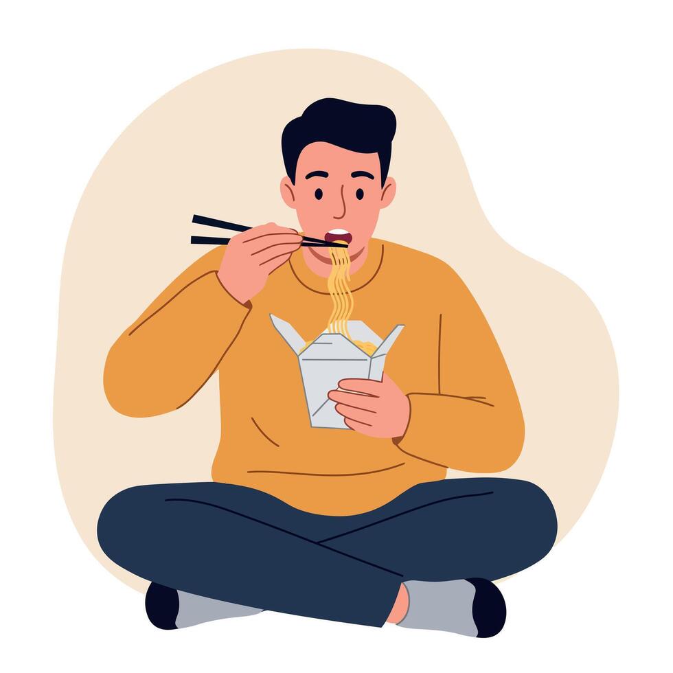 Young man eating noodles with chopsticks sitting cross-legged in casual clothing minimal flat illustration vector