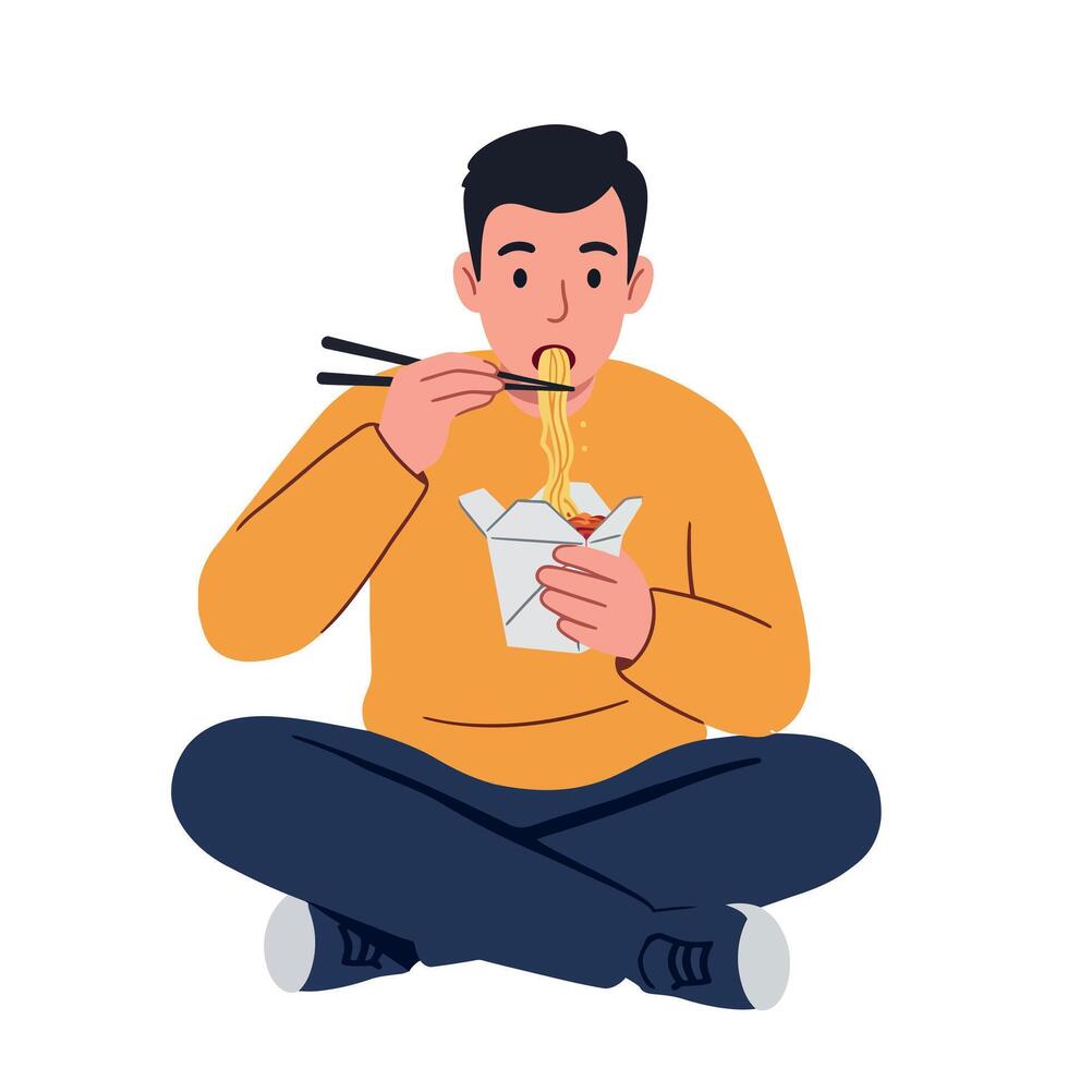Young man eating Asian noodles with chopsticks sitting cross-legged wearing casual clothes flat style illustration vector