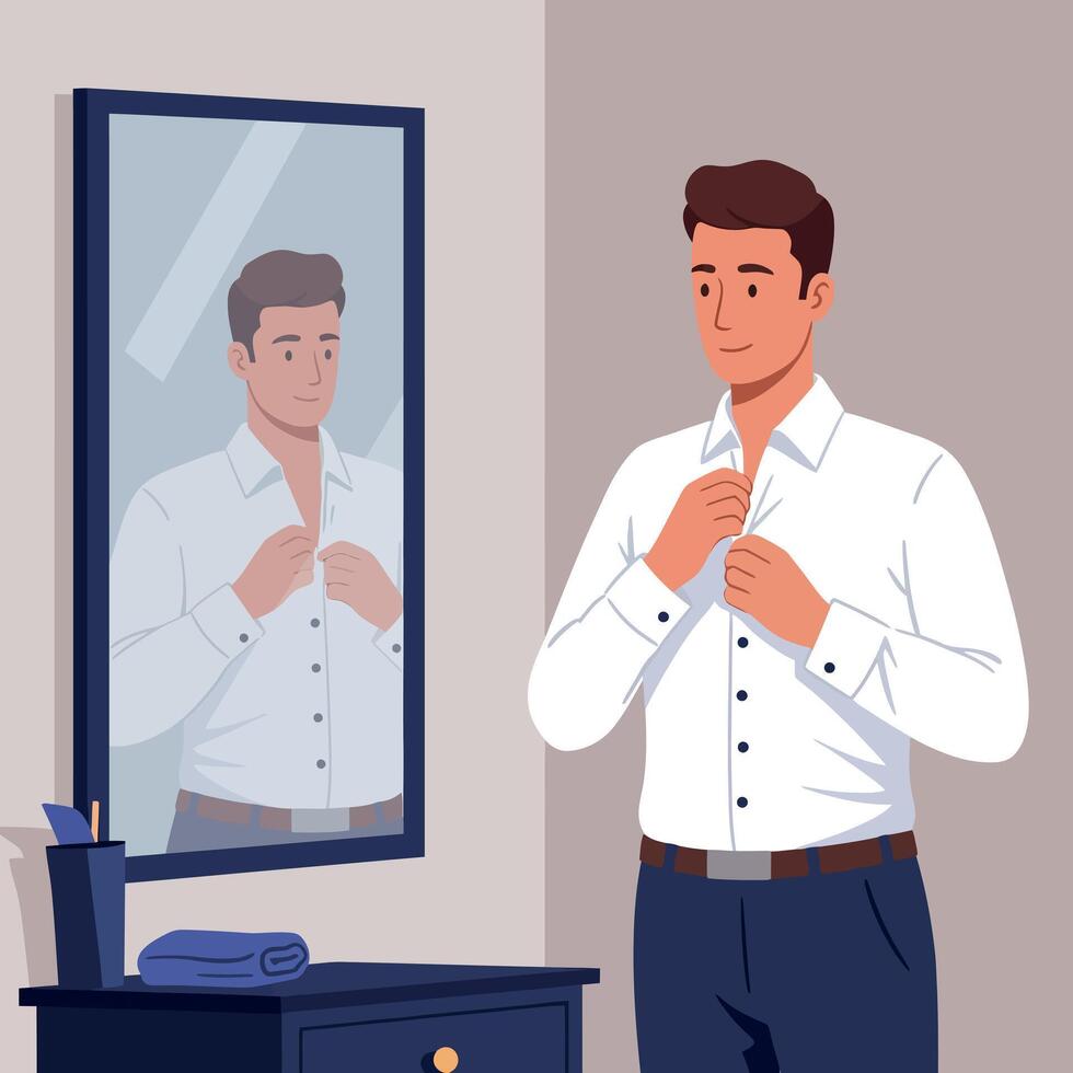 Young man adjusting white shirt collar in front of mirror in modern room minimal flat illustration vector
