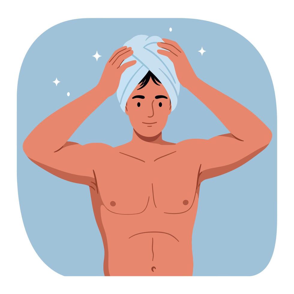 Shirtless man drying hair with white towel after shower in minimal flat style illustration vector