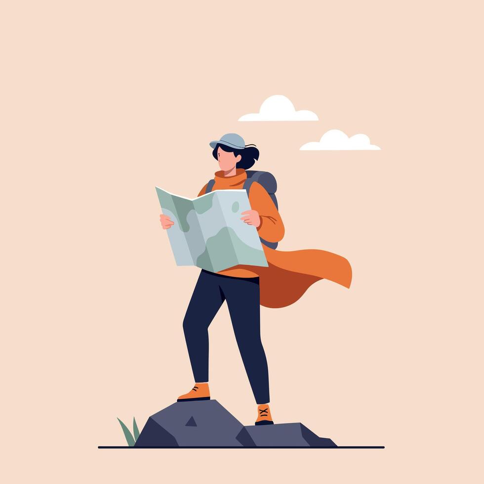 Woman hiker standing on rock reading map in flat minimalist style outdoors with cloudy sky illustration vector