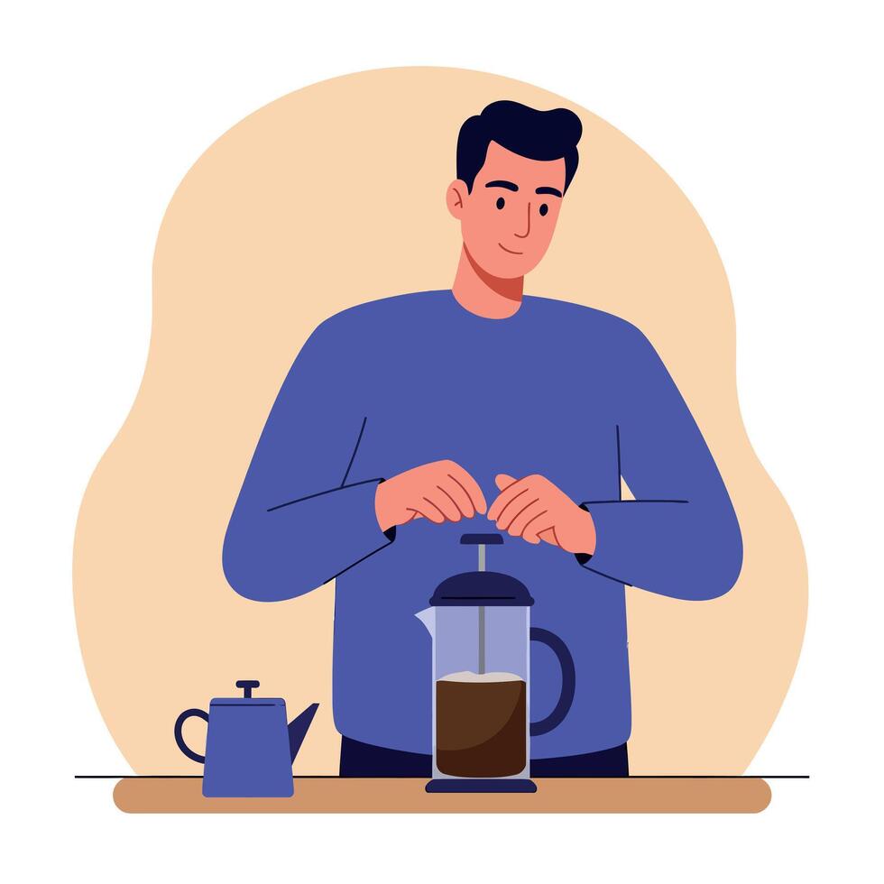 Young man in blue sweater preparing coffee with French press in minimal flat design illustration vector