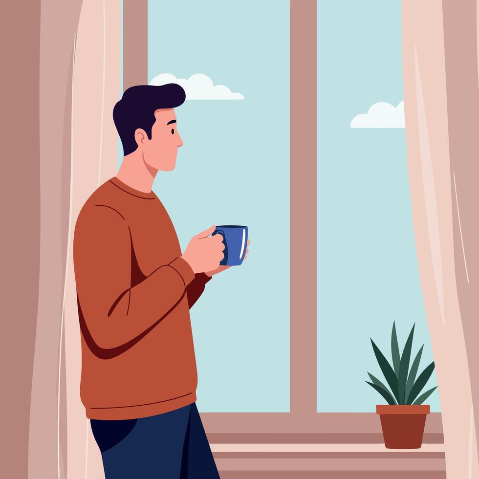 Young man in casual clothes holding blue mug looking out window with potted plant minimal flat illustration vector