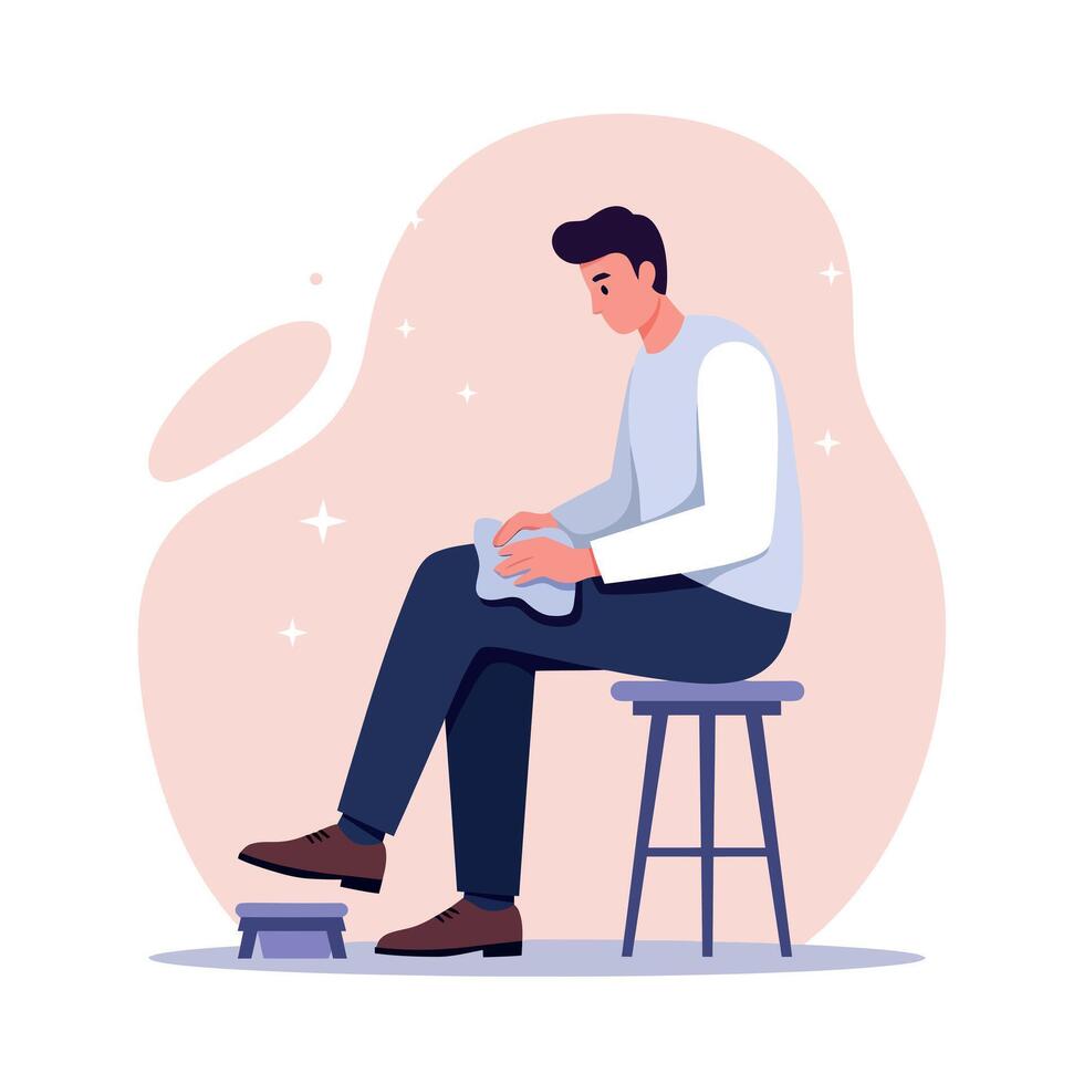 Young man polishing shoes while sitting on a stool in flat minimal style illustration vector