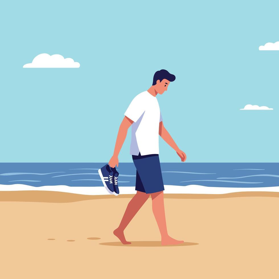Young man walking barefoot on sandy beach holding sneakers in hand minimal flat design art vector
