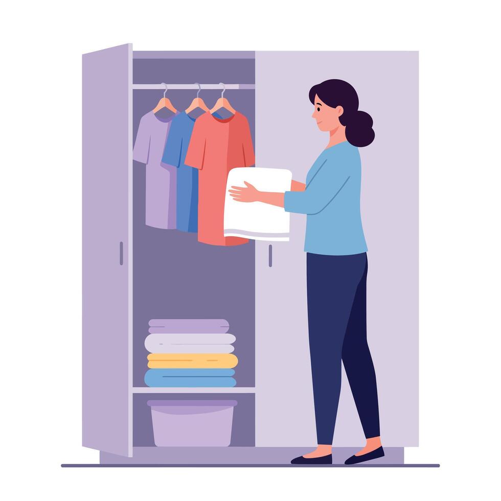 Woman organizing clothes in open wardrobe flat design with folded towels and hanging shirts illustration vector