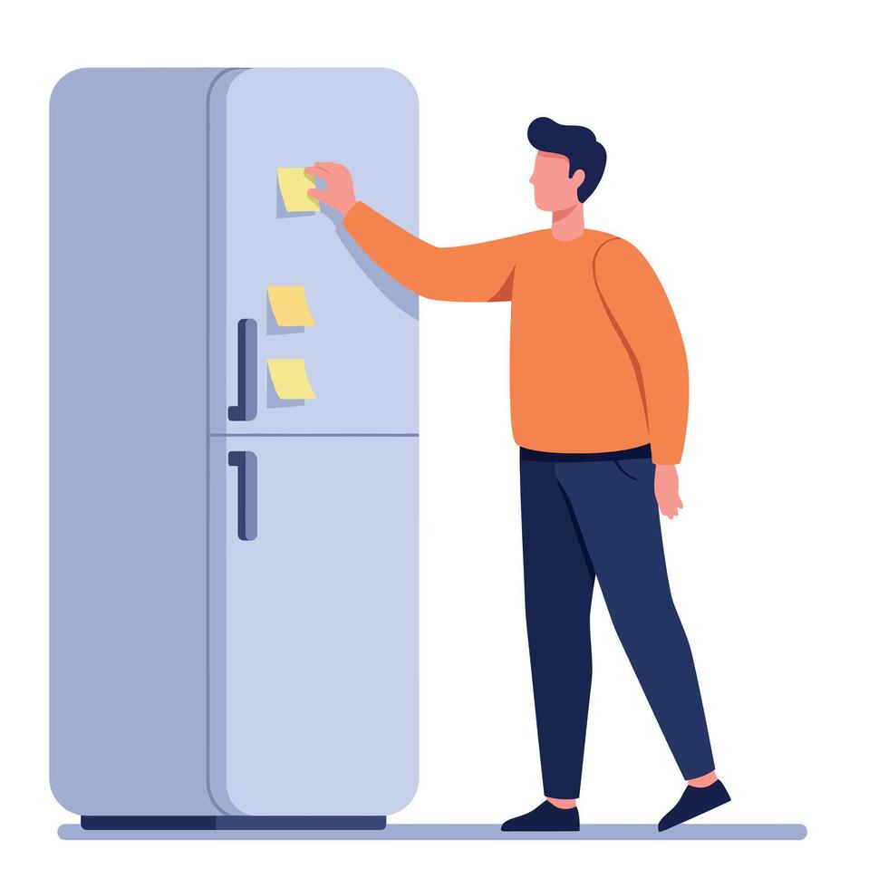Man placing sticky notes on refrigerator in casual clothing flat design minimal illustration vector