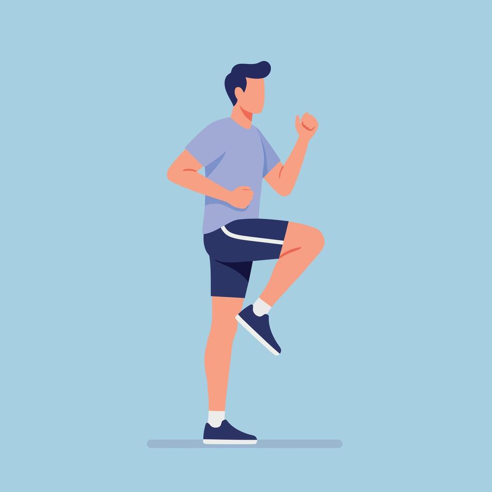 Young man performing high knee exercise in casual sportswear flat design minimal illustration vector