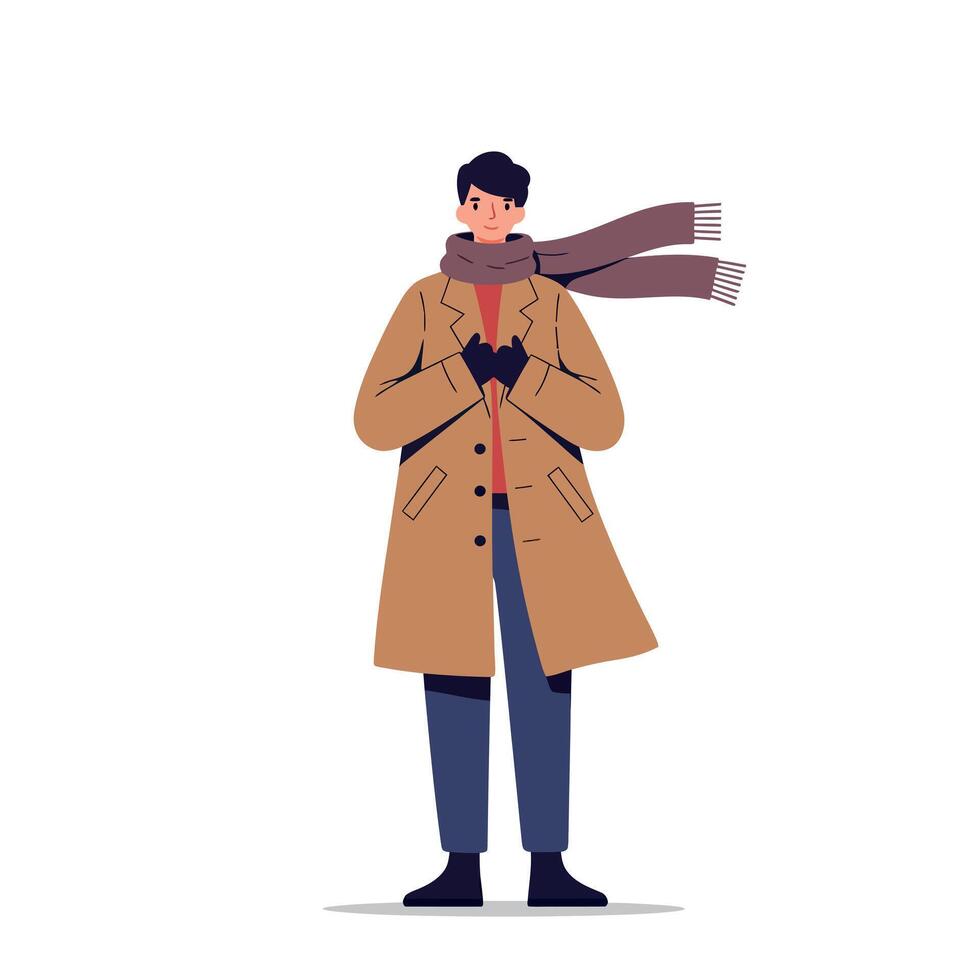 Young man wearing a long beige coat and scarf standing with hands clasped in flat minimal illustration vector