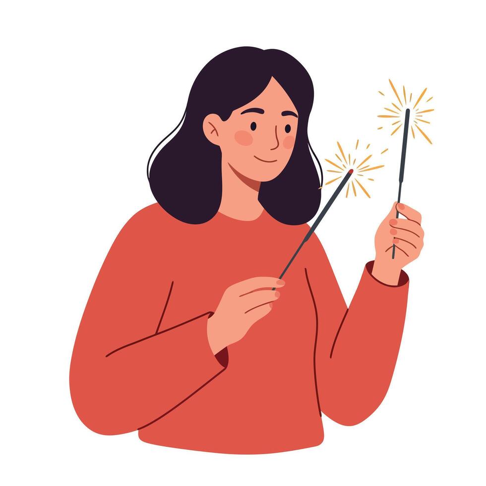 Young woman holding two lit sparklers in minimal flat style celebrating with joyful expression illustration vector