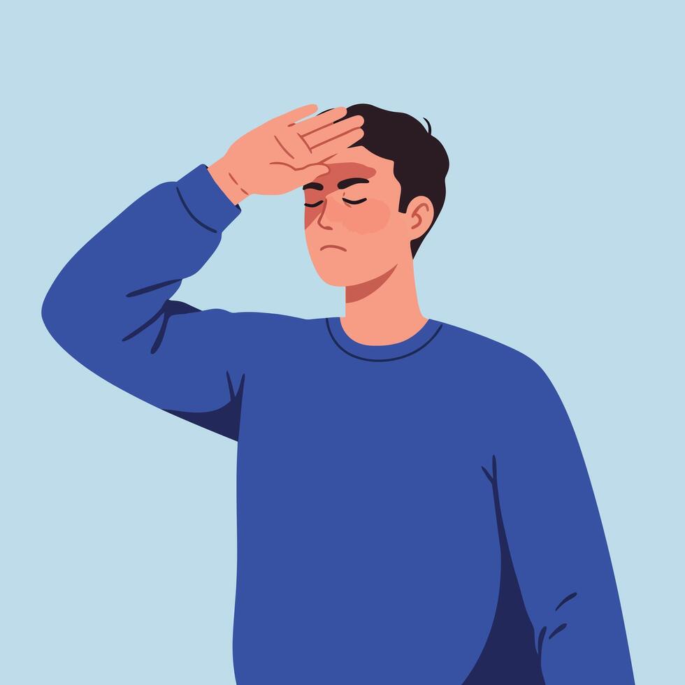 Young man with dark hair wearing blue sweater showing tired expression and wiping forehead in flat design illustration vector