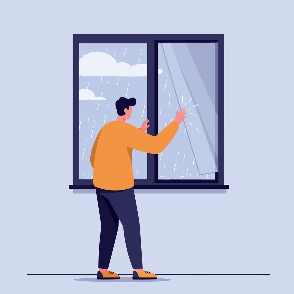 Man in orange sweater looking through rainy window with curtain blowing inside minimal flat illustration vector