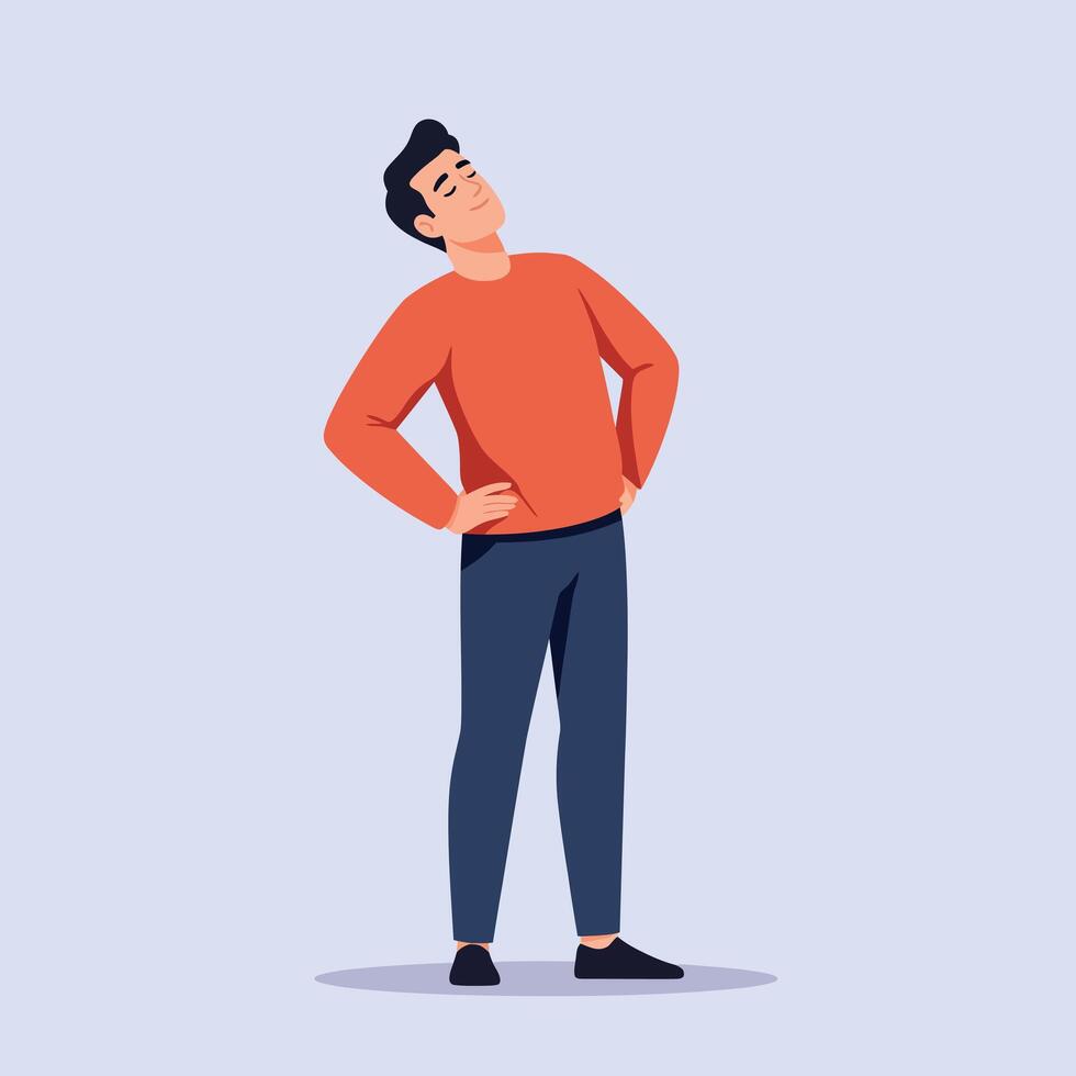 Young man standing with hands on hips wearing red sweater and dark pants in flat minimal illustration vector