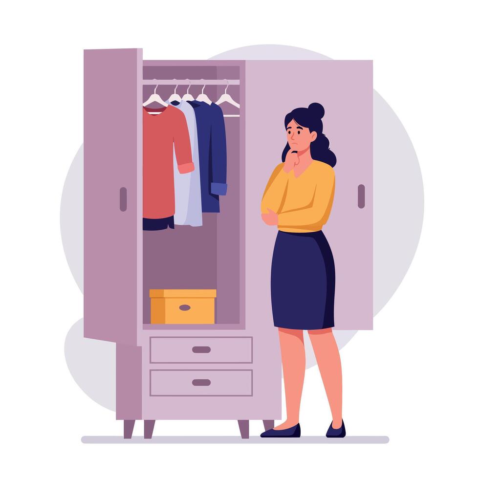 Woman standing thoughtfully in front of open wardrobe with clothes and box in flat minimal illustration vector