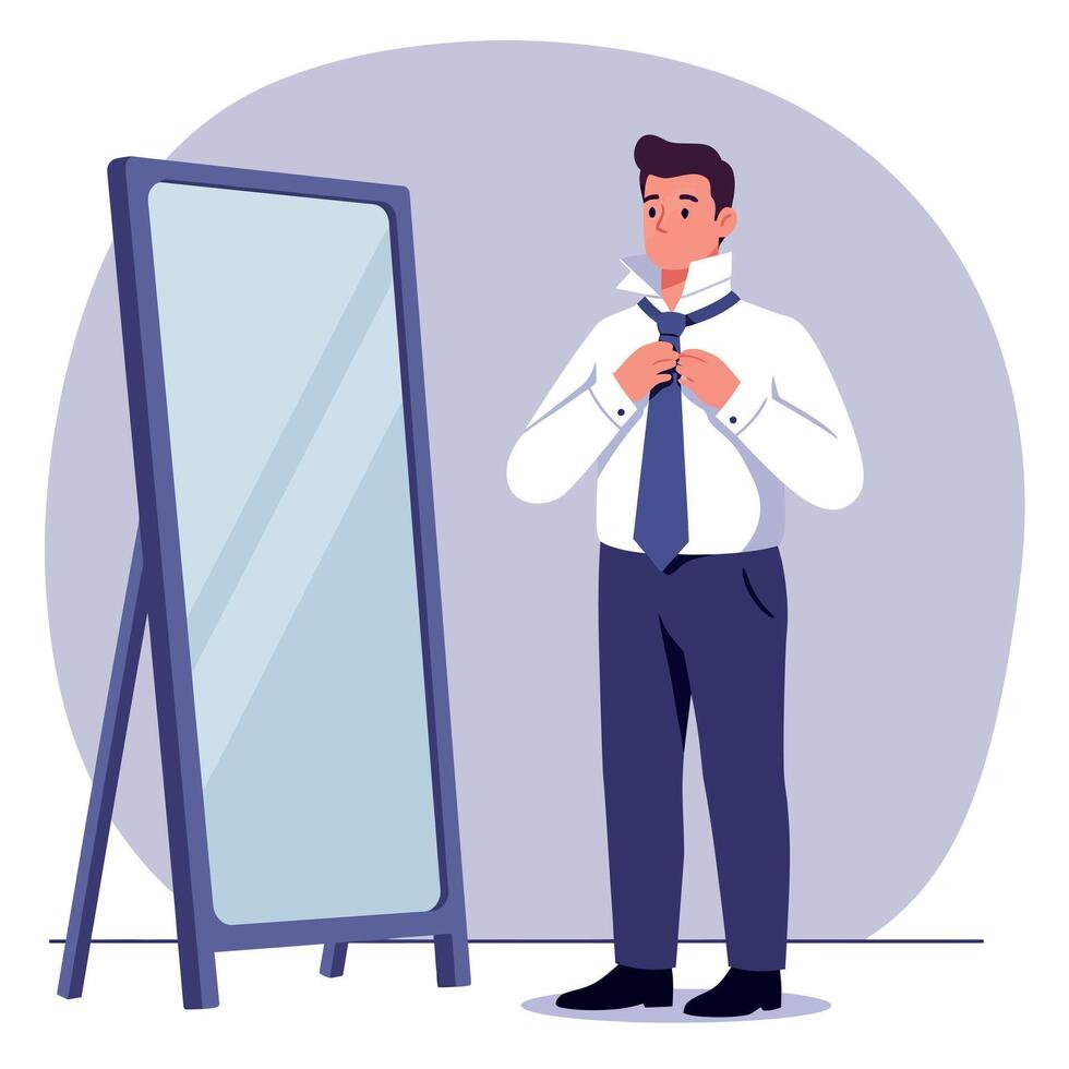 Young man adjusting tie in front of full-length mirror minimal flat style illustration vector