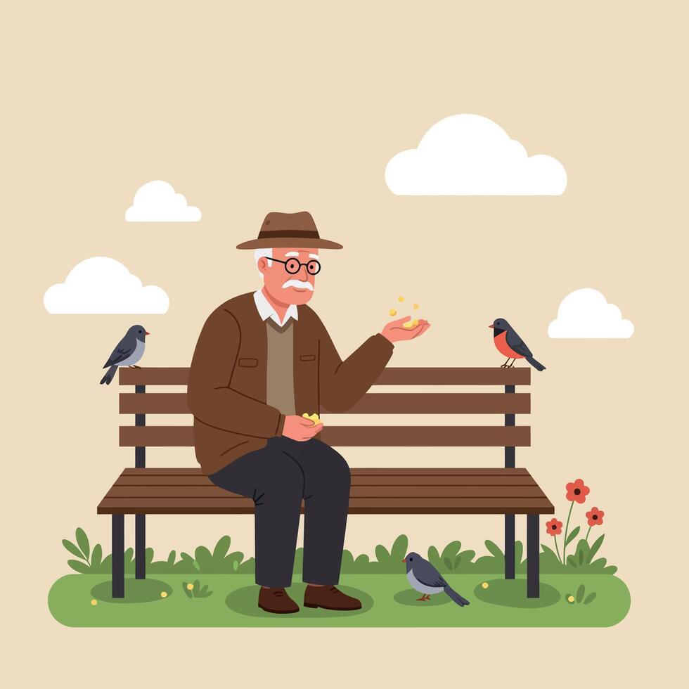 Elderly man feeding birds on park bench wearing brown jacket and hat in flat minimal art vector