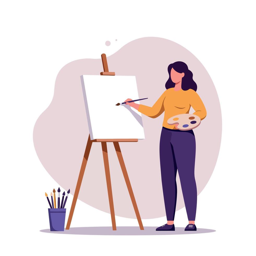 Female artist painting on canvas standing by wooden easel with palette and brushes flat style illustration vector