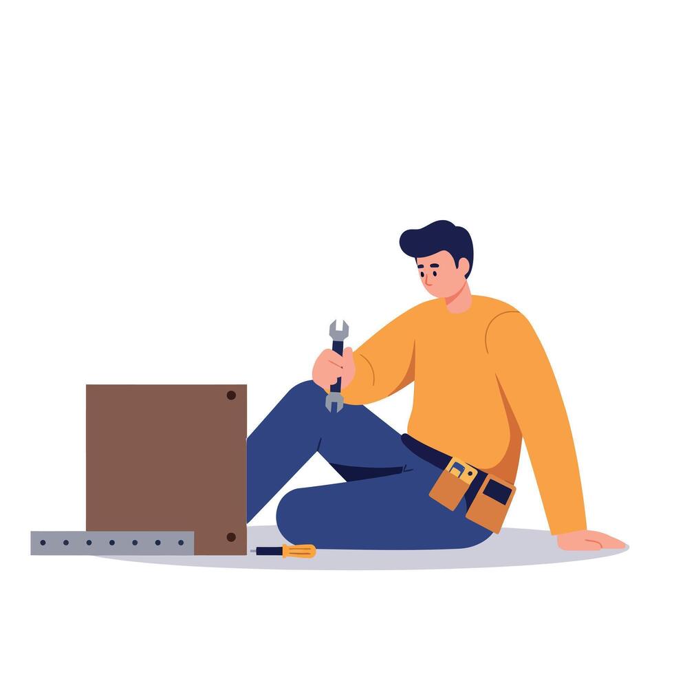 Young man in casual clothing assembling furniture with tools sitting on floor flat design illustration vector