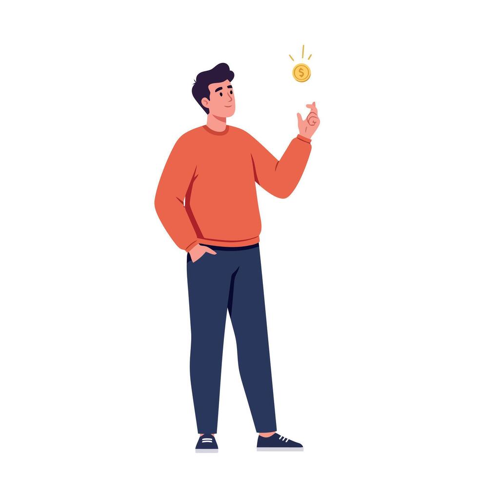 Young man in casual clothing balancing glowing gold coin on finger in simple flat design illustration vector