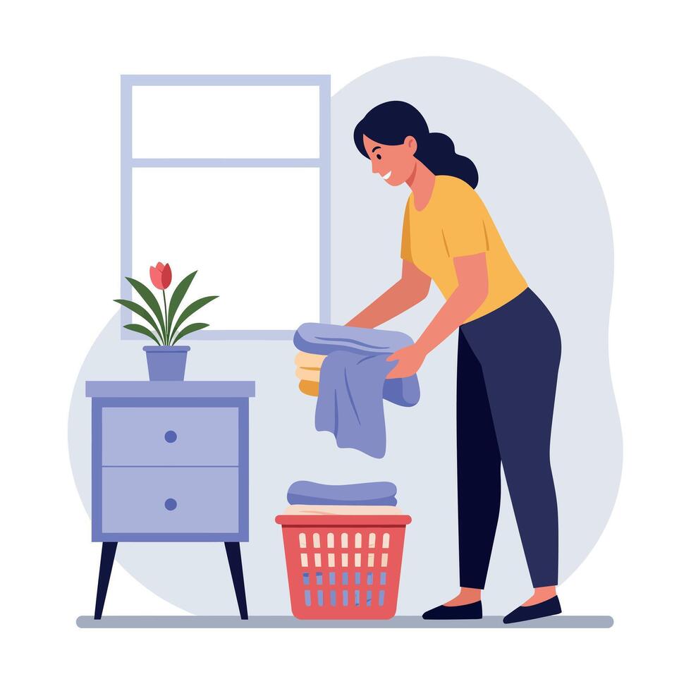 Woman folding laundry indoors by a window in flat design style domestic scene art vector