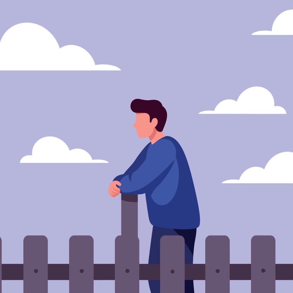 Young man in blue jacket leaning on wooden fence under cloudy sky minimal flat illustration vector